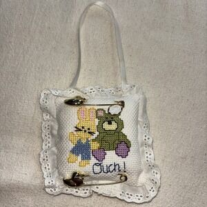 Handmade cross-stitch Pin cushion Bear & Bunny "ouch"‎ Cottagecore 4"x4"